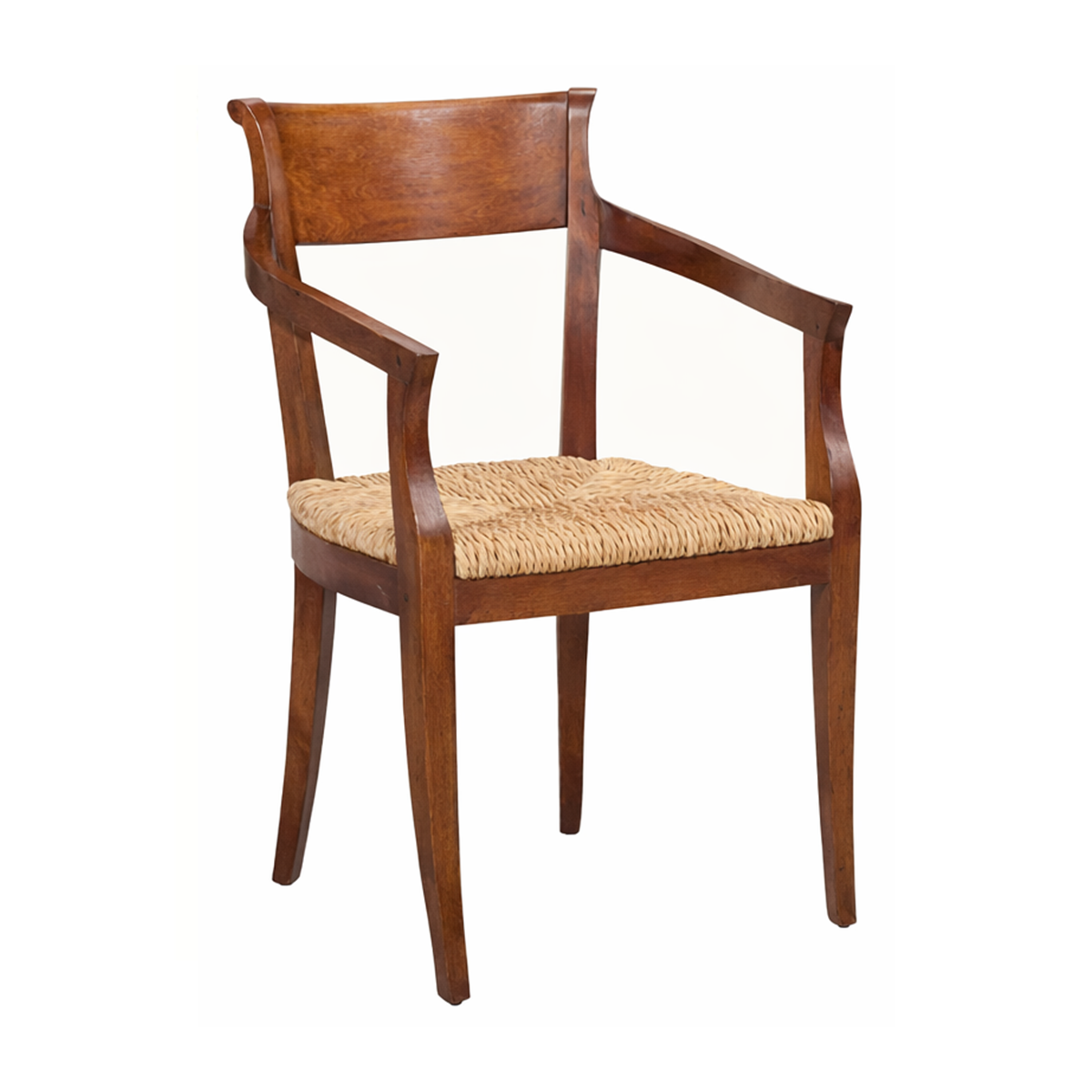 Classic wood arm dining chair with curved arms and woven rush seat