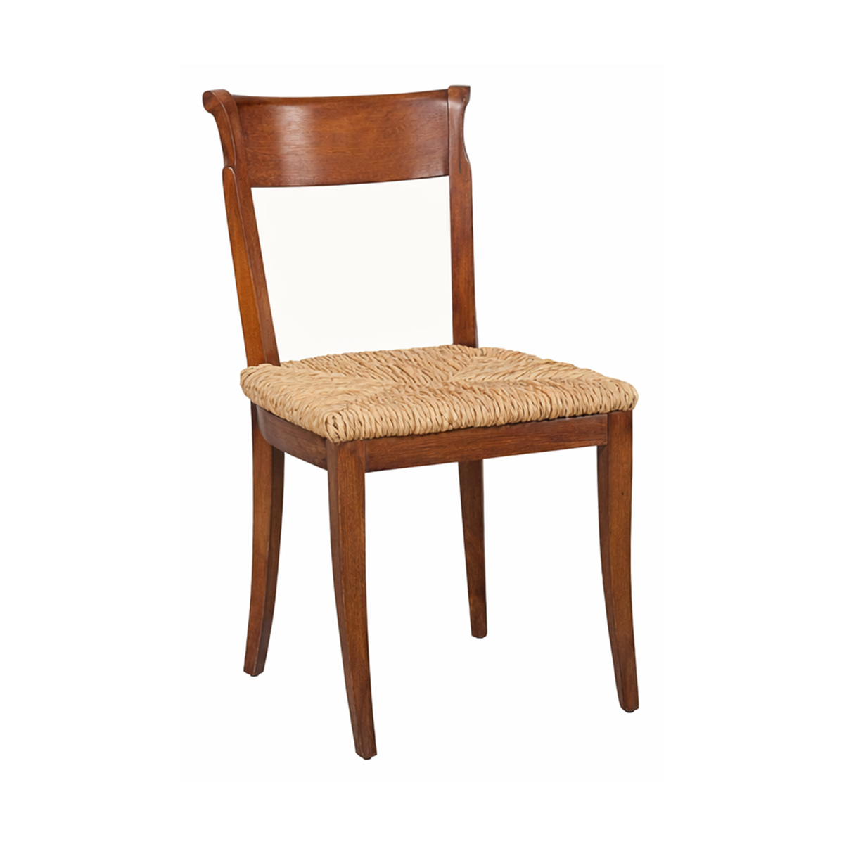Classic wood side dining chair with woven rush seat and curved back rail