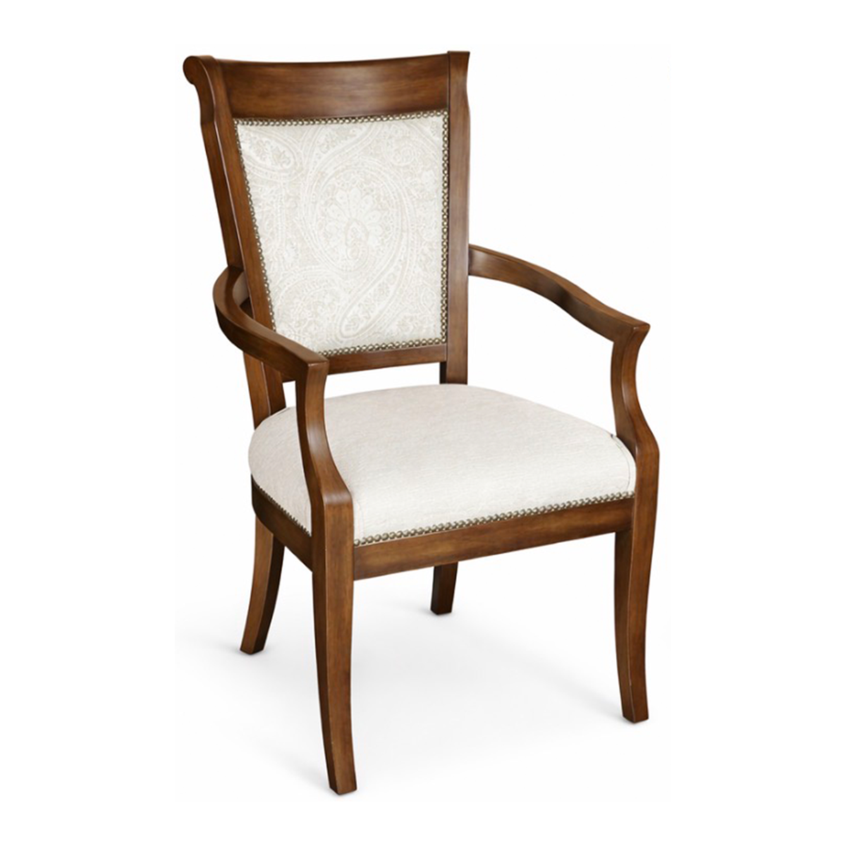 Veranda custom upholstered arm dining chair with wood frame and nailhead trim