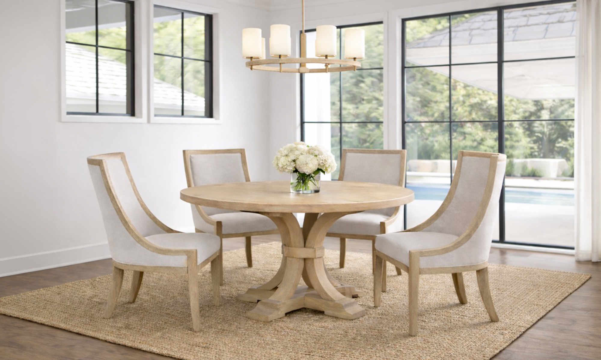 Luxury custom dining table with upholstered chairs handcrafted in the USA