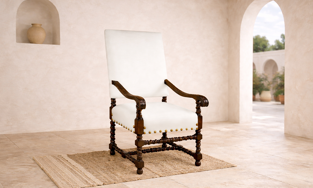 Hand-carved wood accent chair with upholstered seat and back made to order in California