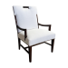 La Cumbre custom upholstered arm dining chair with dark wood frame and nailhead trim