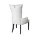 Custom upholstered arm dining chair with nailhead trim and metal pull ring, rear view