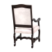 Luna custom upholstered arm dining chair, rear view with carved wood frame